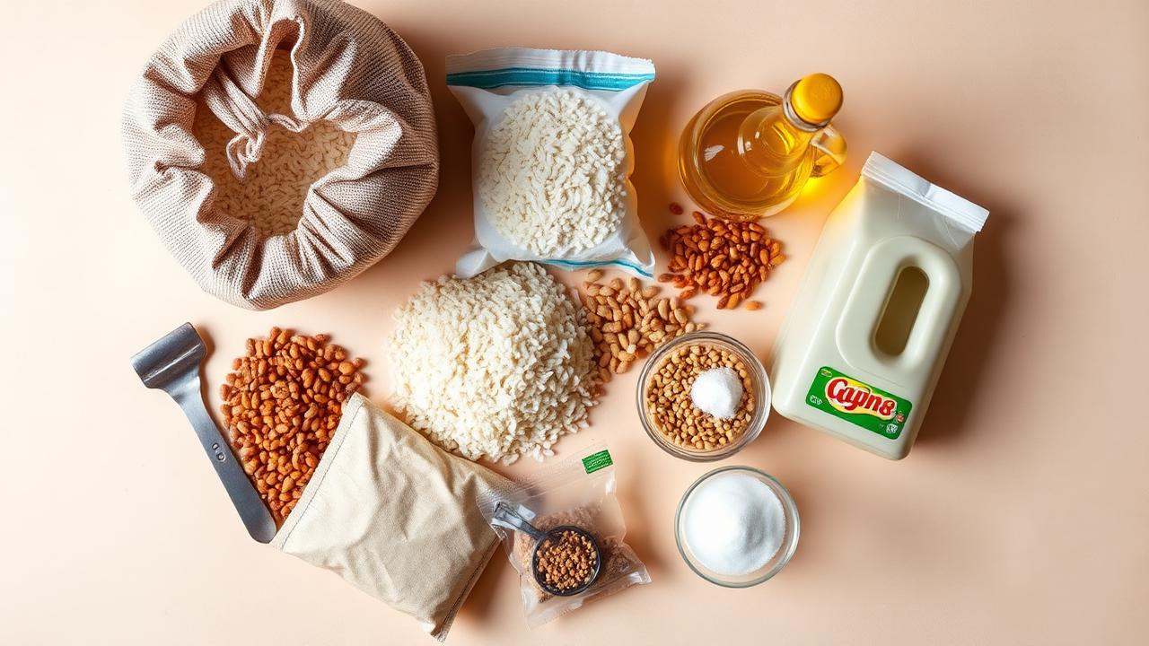 Rice, flour, pulses, oil and other groceries laid out